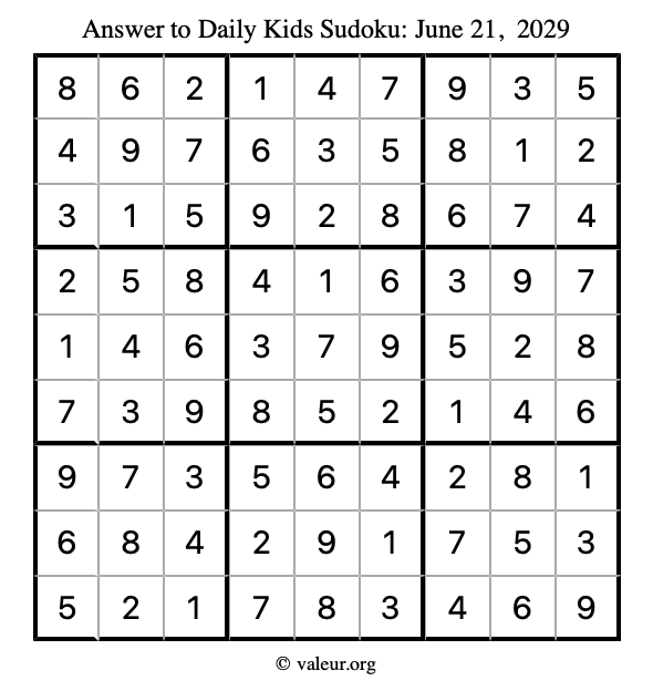 Answer to kids sudoku June 21, 2029