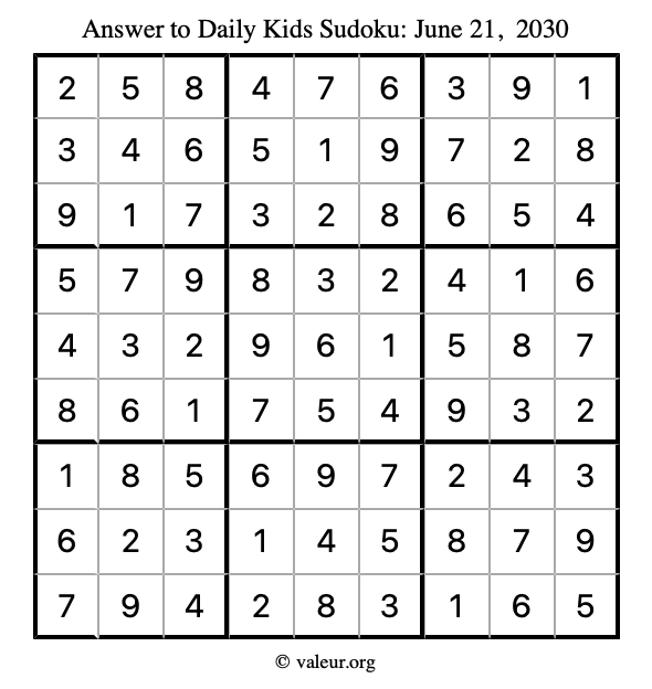Answer to kids sudoku June 21, 2030