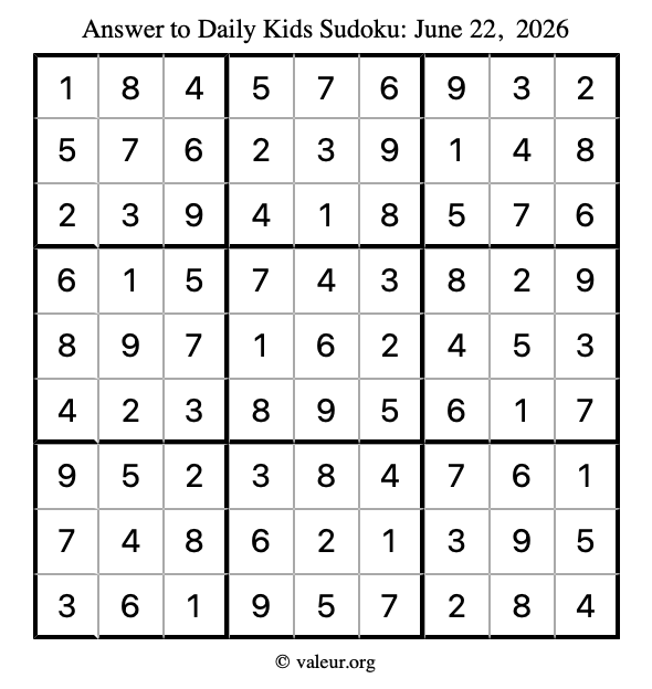 Answer to kids sudoku June 22, 2026