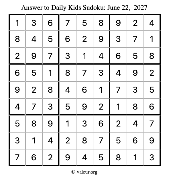 Answer to kids sudoku June 22, 2027