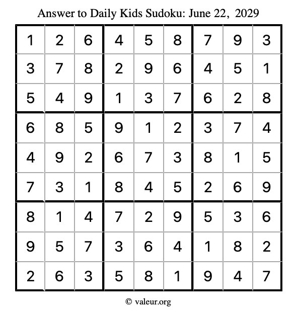 Answer to kids sudoku June 22, 2029