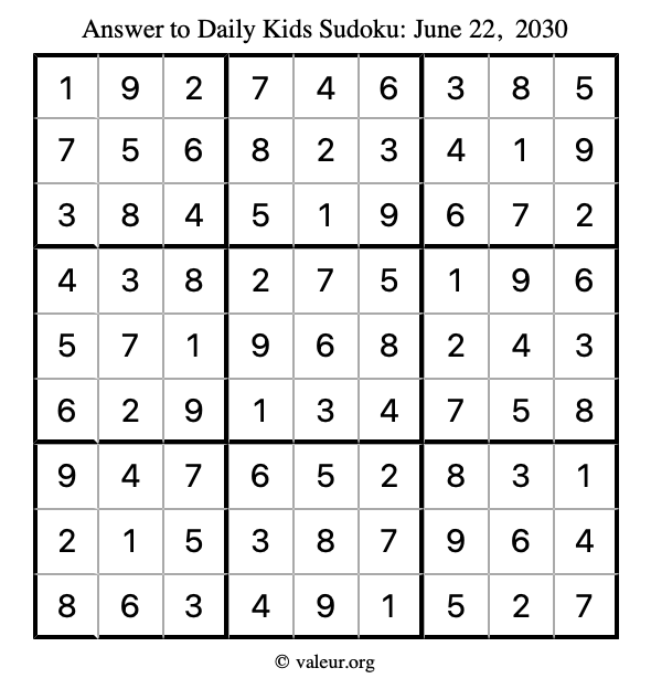 Answer to kids sudoku June 22, 2030