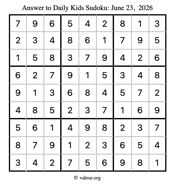 Answer to kids sudoku June 23, 2026