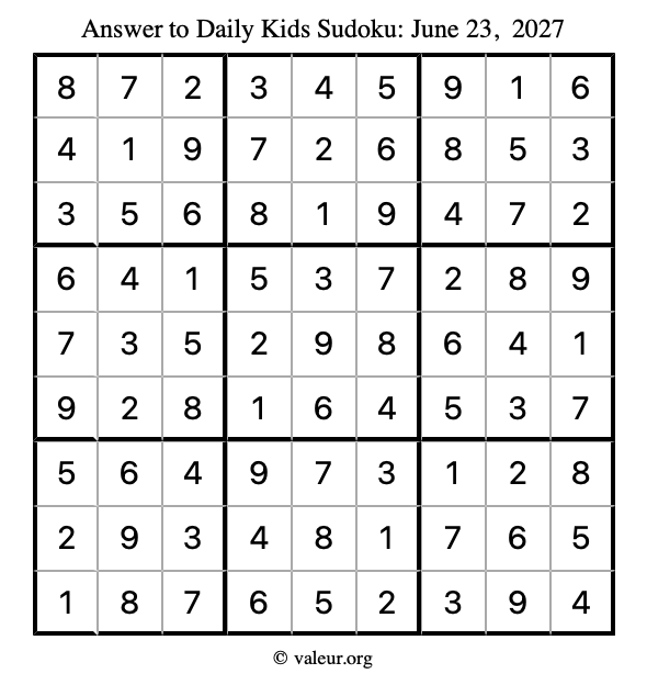 Answer to kids sudoku June 23, 2027