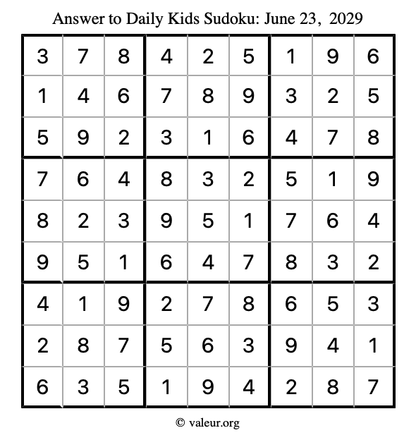 Answer to kids sudoku June 23, 2029