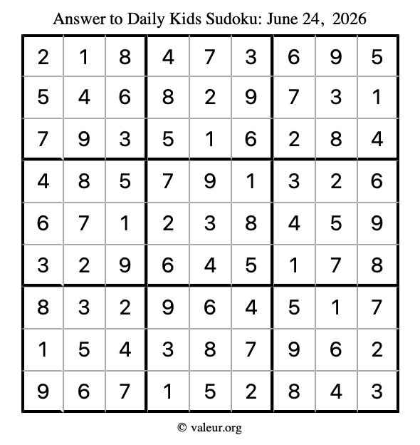 Answer to kids sudoku June 24, 2026