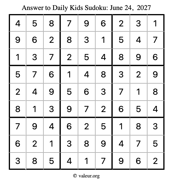 Answer to kids sudoku June 24, 2027