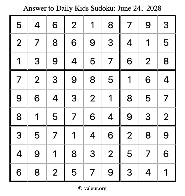 Answer to kids sudoku June 24, 2028