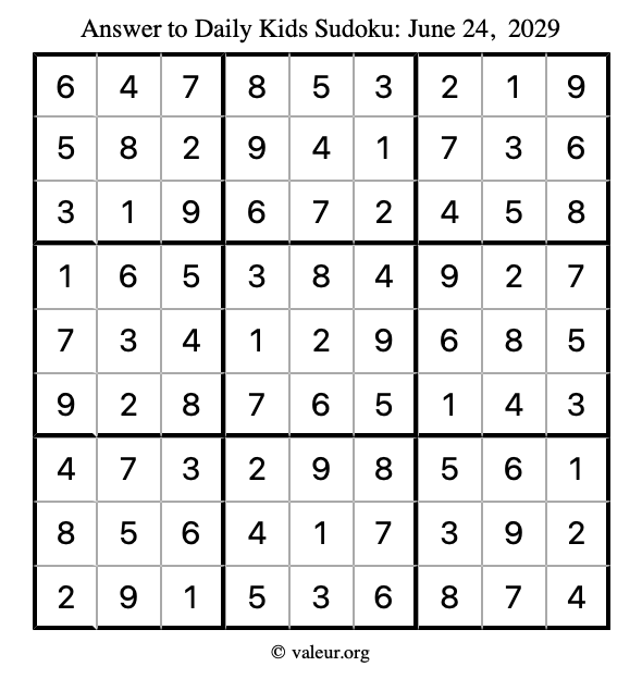 Answer to kids sudoku June 24, 2029