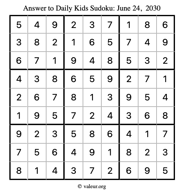 Answer to kids sudoku June 24, 2030