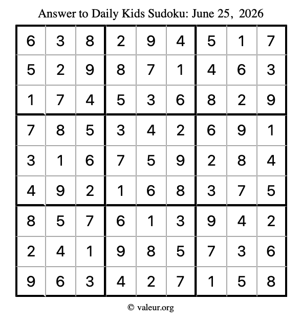 Answer to kids sudoku June 25, 2026