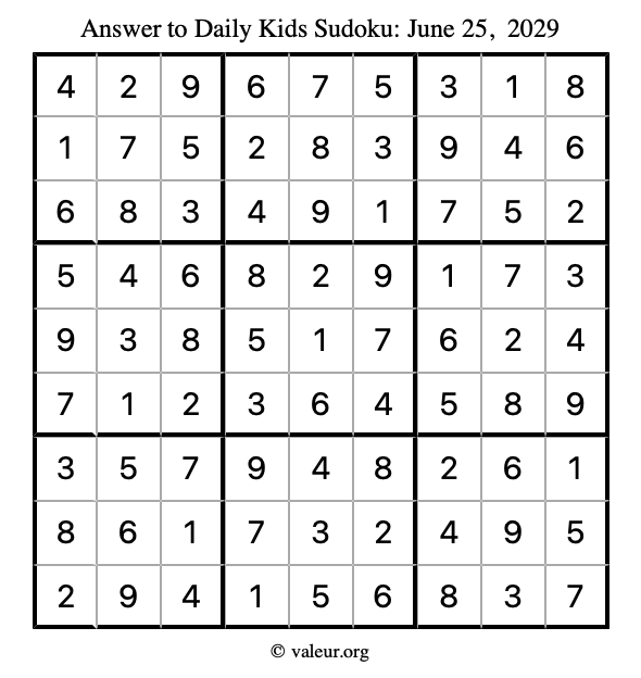 Answer to kids sudoku June 25, 2029