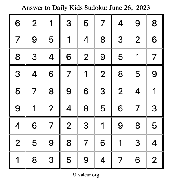Answer to kids sudoku June 26, 2023