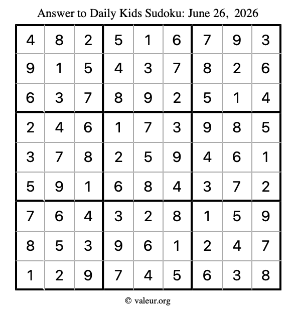 Answer to kids sudoku June 26, 2026