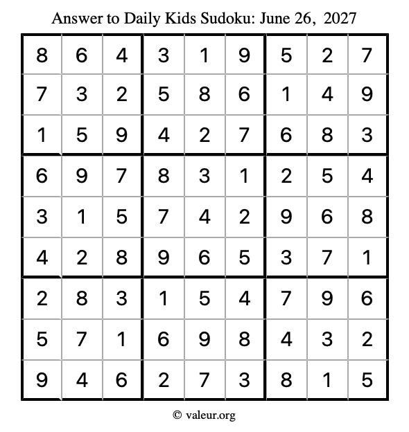 Answer to kids sudoku June 26, 2027