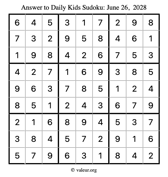 Answer to kids sudoku June 26, 2028
