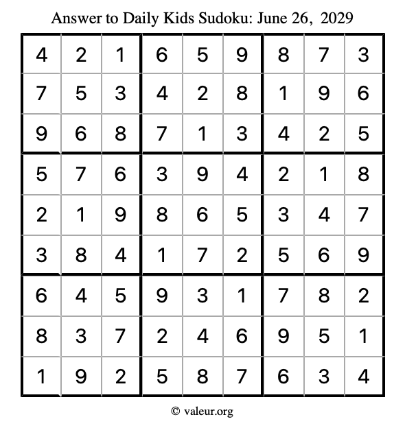 Answer to kids sudoku June 26, 2029