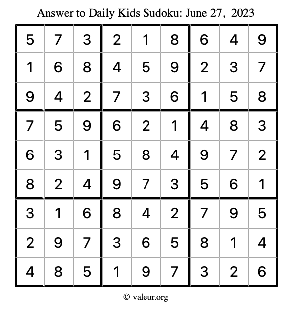Answer to kids sudoku June 27, 2023