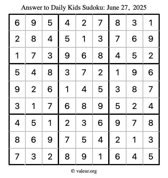 Answer to kids sudoku June 27, 2025