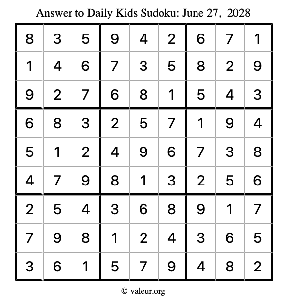 Answer to kids sudoku June 27, 2028