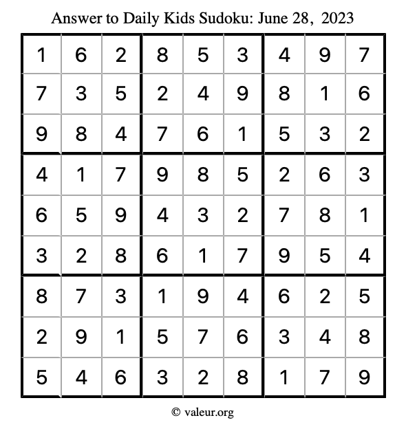 Answer to kids sudoku June 28, 2023