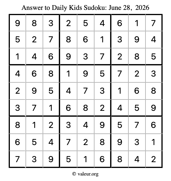 Answer to kids sudoku June 28, 2026