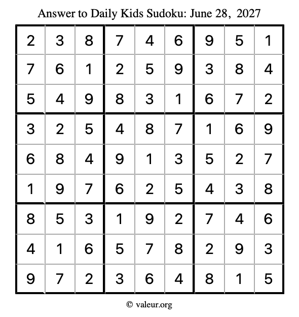 Answer to kids sudoku June 28, 2027
