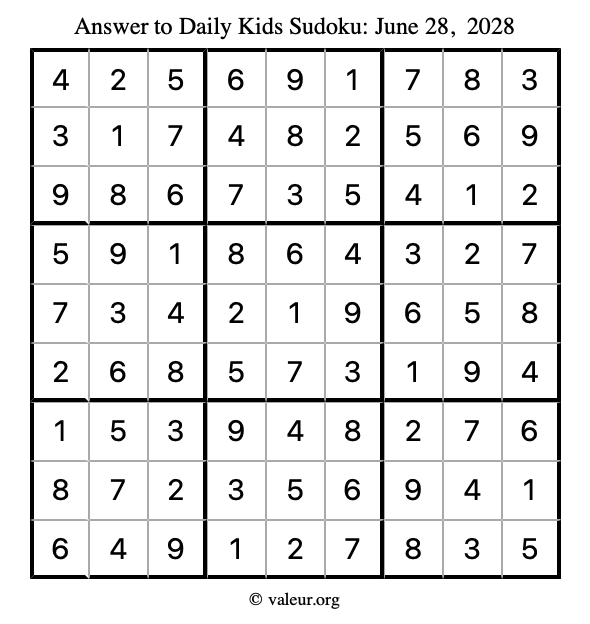 Answer to kids sudoku June 28, 2028