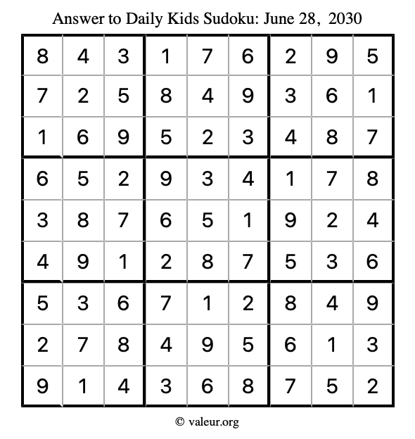 Answer to kids sudoku June 28, 2030