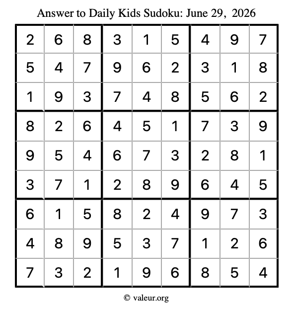 Answer to kids sudoku June 29, 2026