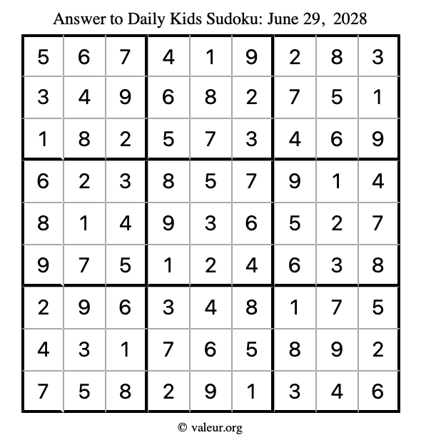 Answer to kids sudoku June 29, 2028