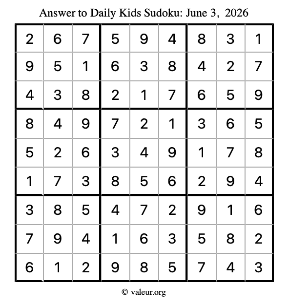 Answer to kids sudoku June 3, 2026