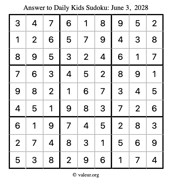Answer to kids sudoku June 3, 2028