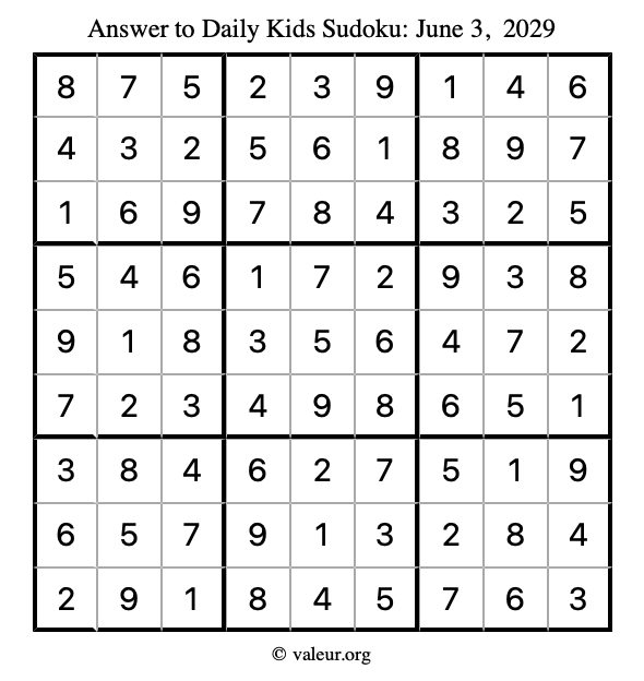 Answer to kids sudoku June 3, 2029