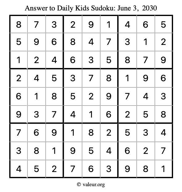 Answer to kids sudoku June 3, 2030