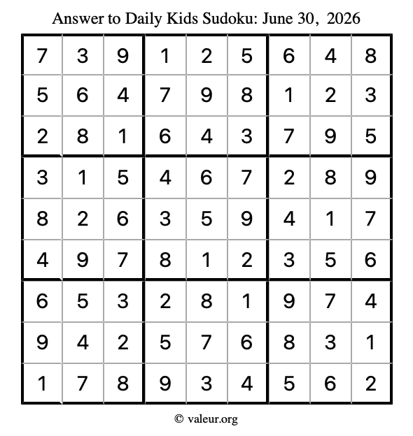 Answer to kids sudoku June 30, 2026