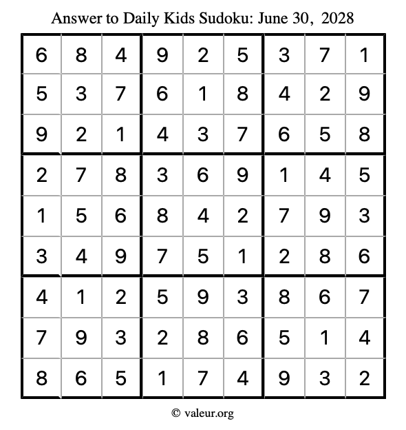 Answer to kids sudoku June 30, 2028