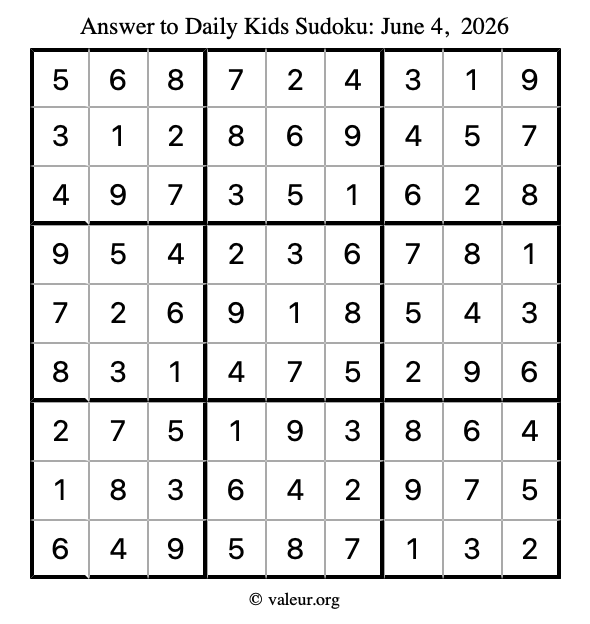 Answer to kids sudoku June 4, 2026