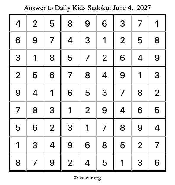 Answer to kids sudoku June 4, 2027