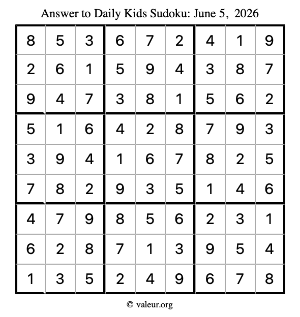 Answer to kids sudoku June 5, 2026