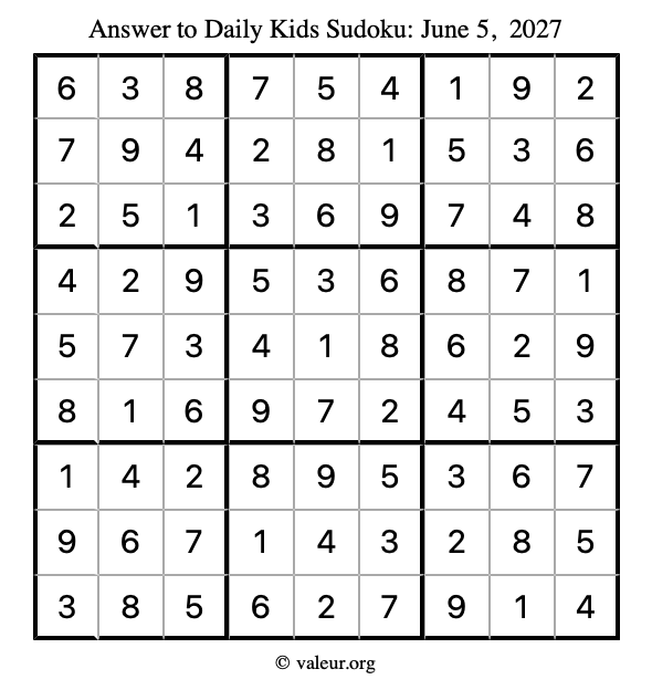 Answer to kids sudoku June 5, 2027