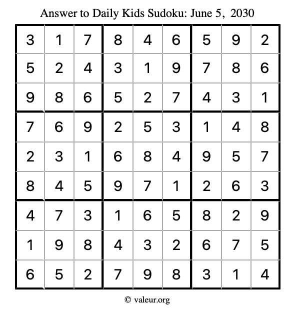 Answer to kids sudoku June 5, 2030