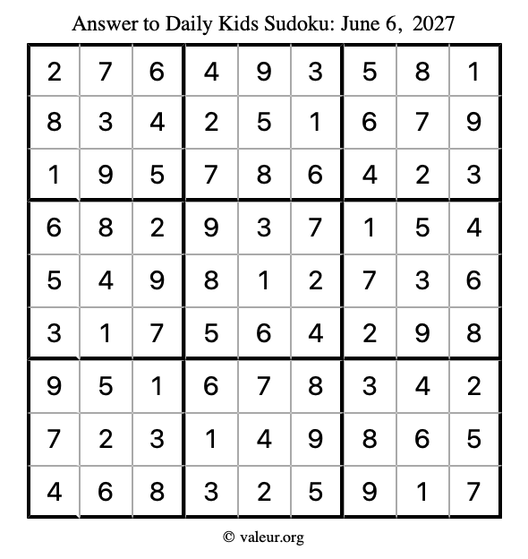 Answer to kids sudoku June 6, 2027