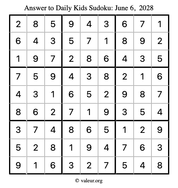 Answer to kids sudoku June 6, 2028