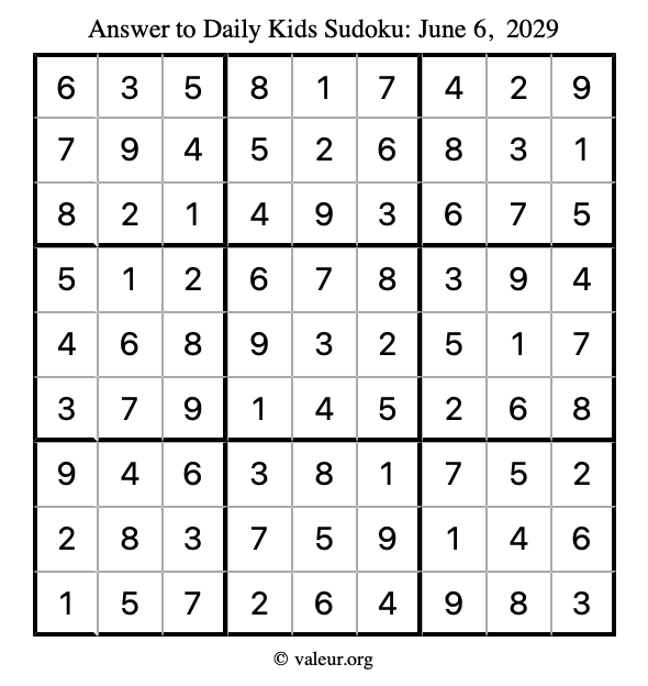 Answer to kids sudoku June 6, 2029