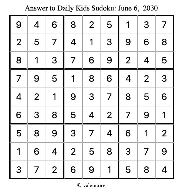 Answer to kids sudoku June 6, 2030