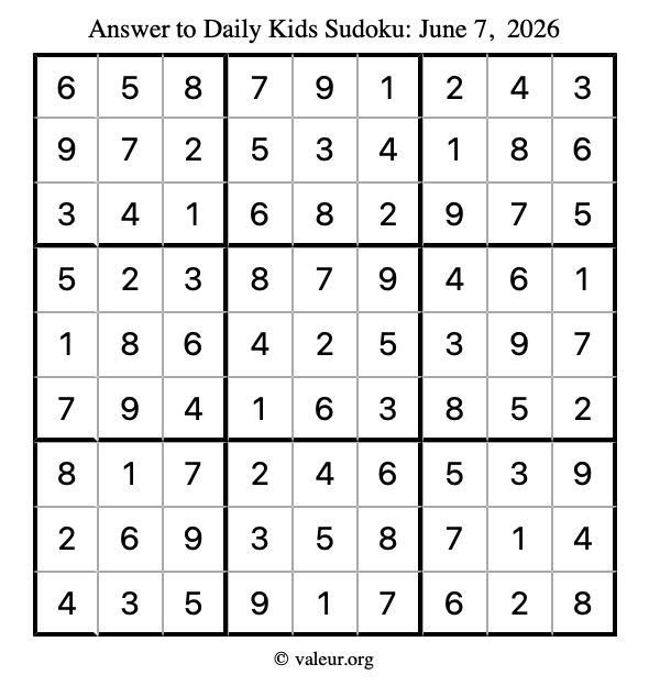Answer to kids sudoku June 7, 2026