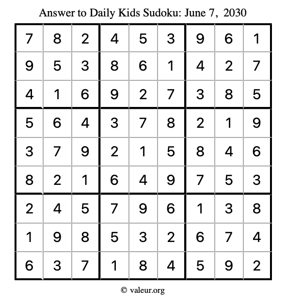 Answer to kids sudoku June 7, 2030