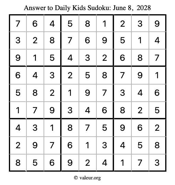 Answer to kids sudoku June 8, 2028