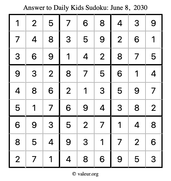 Answer to kids sudoku June 8, 2030